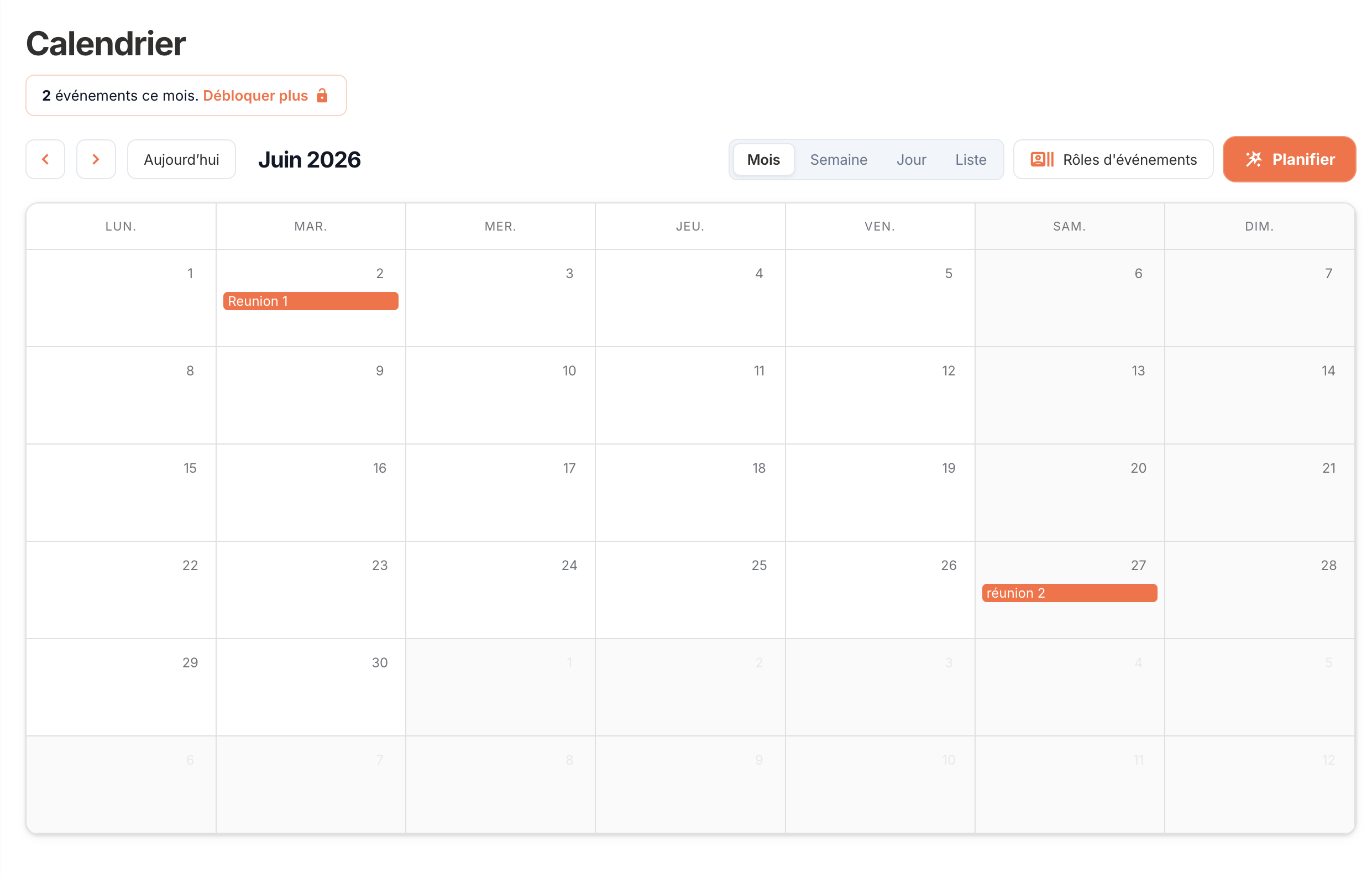 Vue calendrier EVISCHURCH